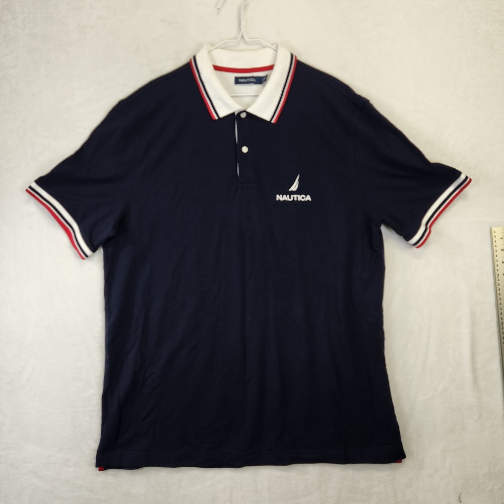 Nautica Mens XXL Polo Shirt Navy Blue Short Sleeve Striped Trim Pique Logo